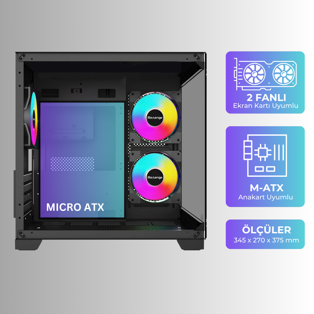 Nova Siyah 3 Rgb Fanlı Temperli Cam Panel Boş m-ATX Gaming Oyuncu Bilgisayar Kasası